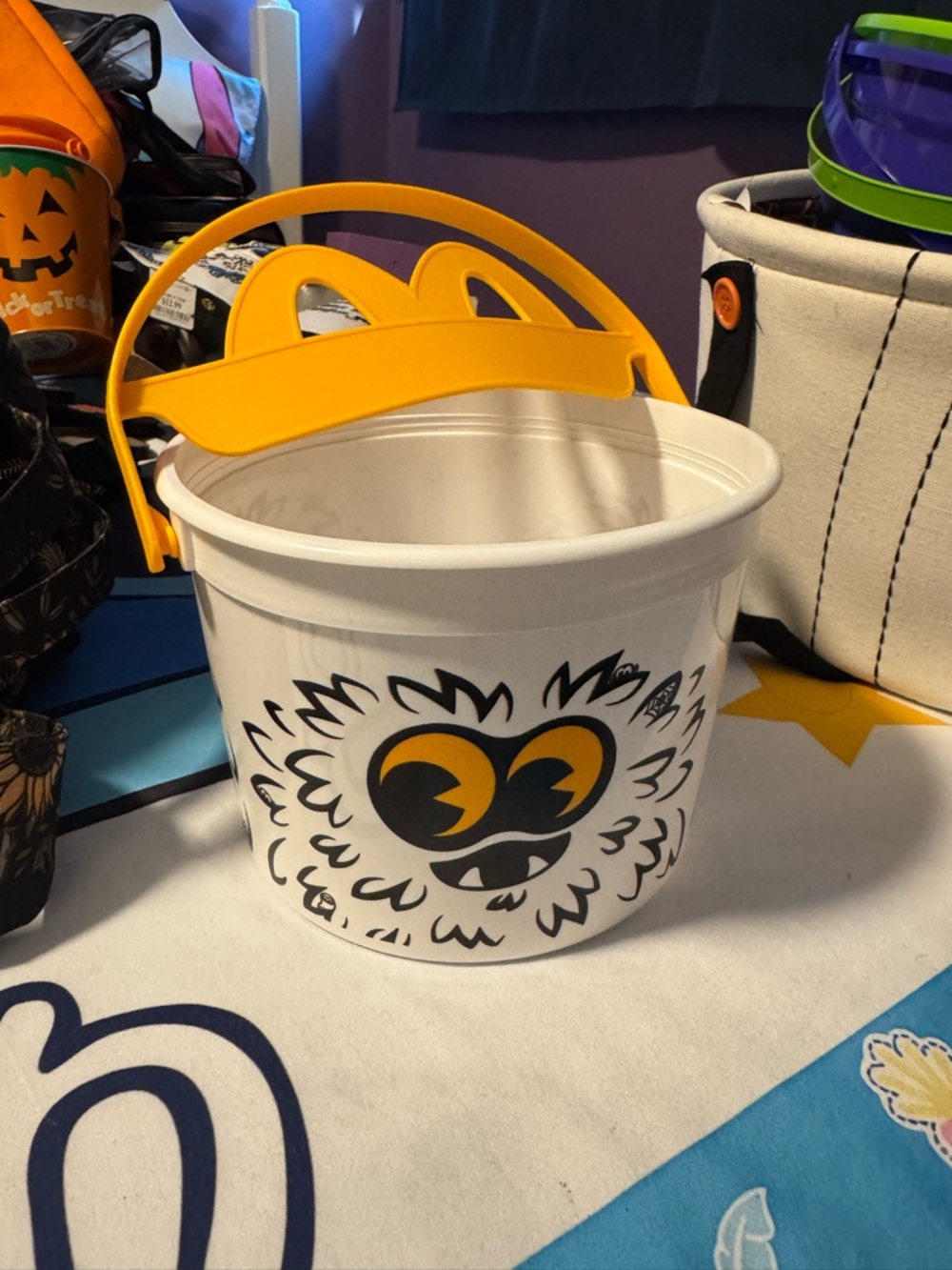 McDonald's White Halloween Treat Pail with Yellow Handle and Black Graphic